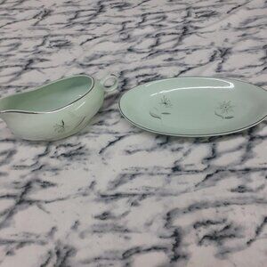 Vintage MCM Ballerina Universal Pottery CO. Gravy Boat w/ Tray Atomic Flowers